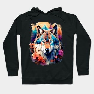 A Grey Wolf with Mountains, Floral Elements, Forests, Trees Hoodie